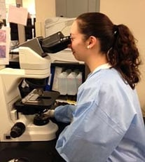 Photo of female CLS student looking in microscope