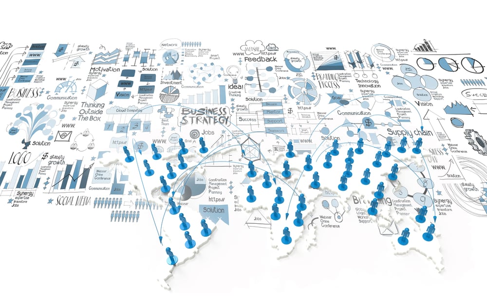 social network 3d on world map and hand drawn business strategy as concept